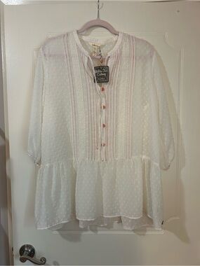Matilda Jane Boho Swiss Dot Peplum Blouse - off-white with coral trim